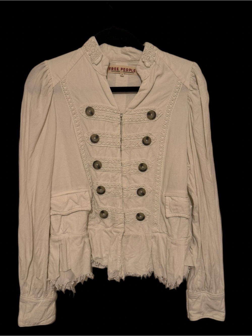 Free People Cream Lace-Trim Military Peplum Jacket